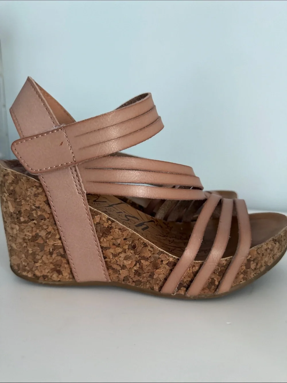 Cork Wedge Strappy Sandals in Rose Tan